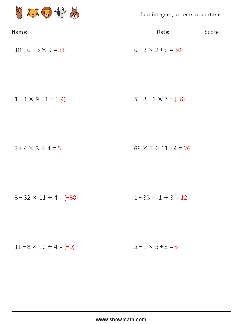 four integers, order of operations Math Worksheets 7 Question, Answer