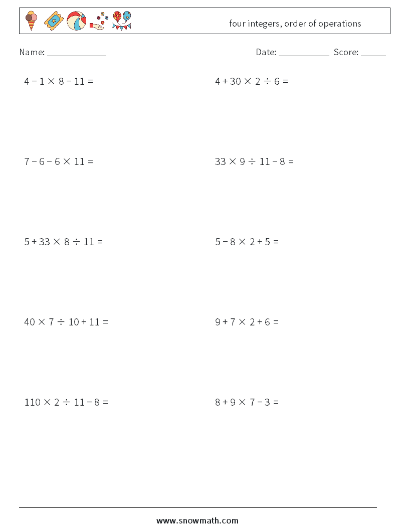 four integers, order of operations Math Worksheets 8