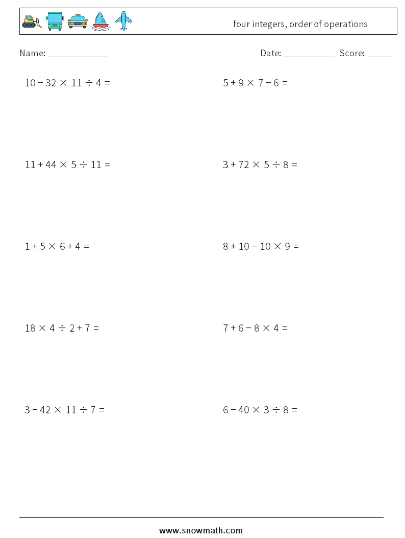 four integers, order of operations Math Worksheets 9