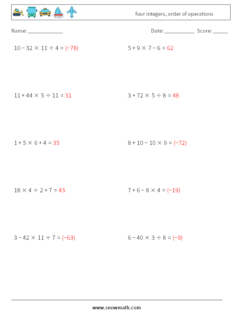 four integers, order of operations Math Worksheets 9 Question, Answer