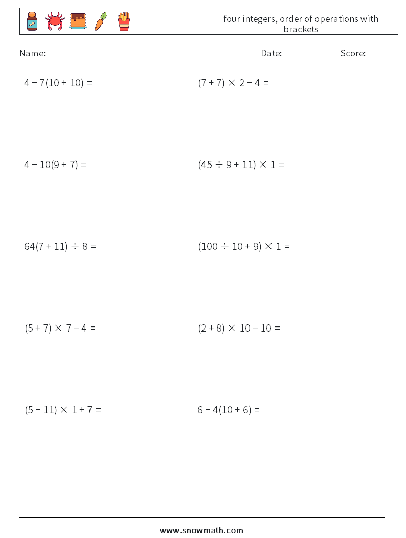 four integers, order of operations with brackets Math Worksheets 1