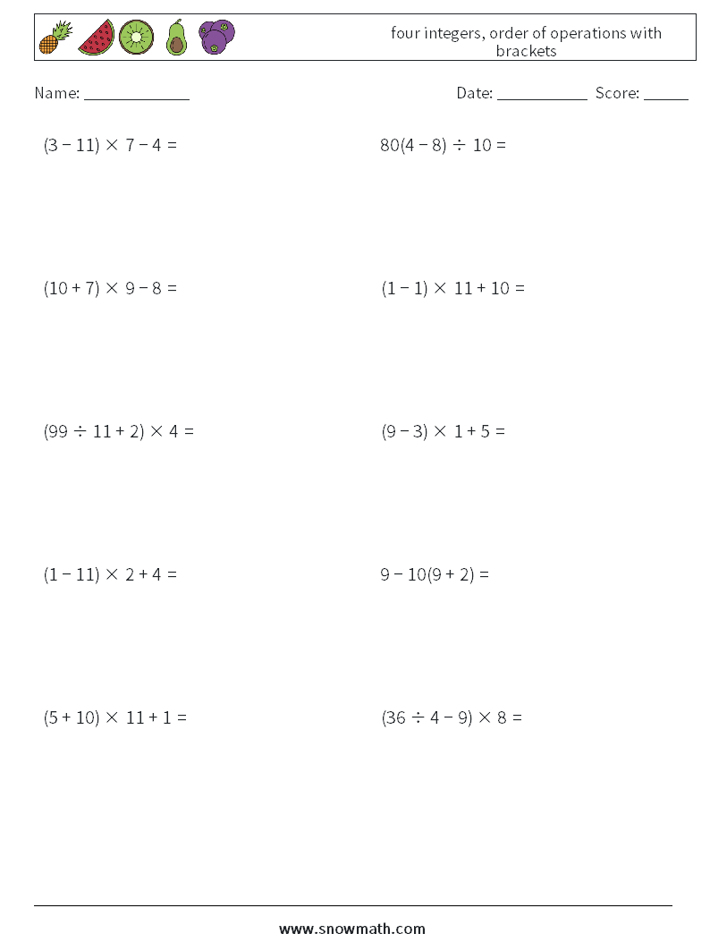 four integers, order of operations with brackets Math Worksheets 10