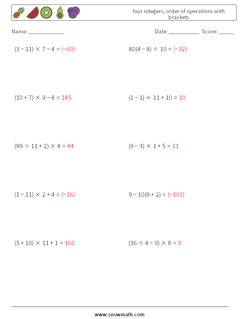 four integers, order of operations with brackets Math Worksheets 10 Question, Answer