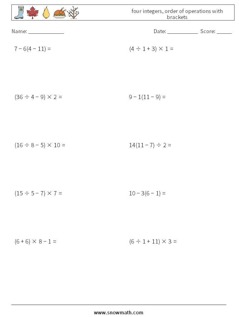 four integers, order of operations with brackets Math Worksheets 11