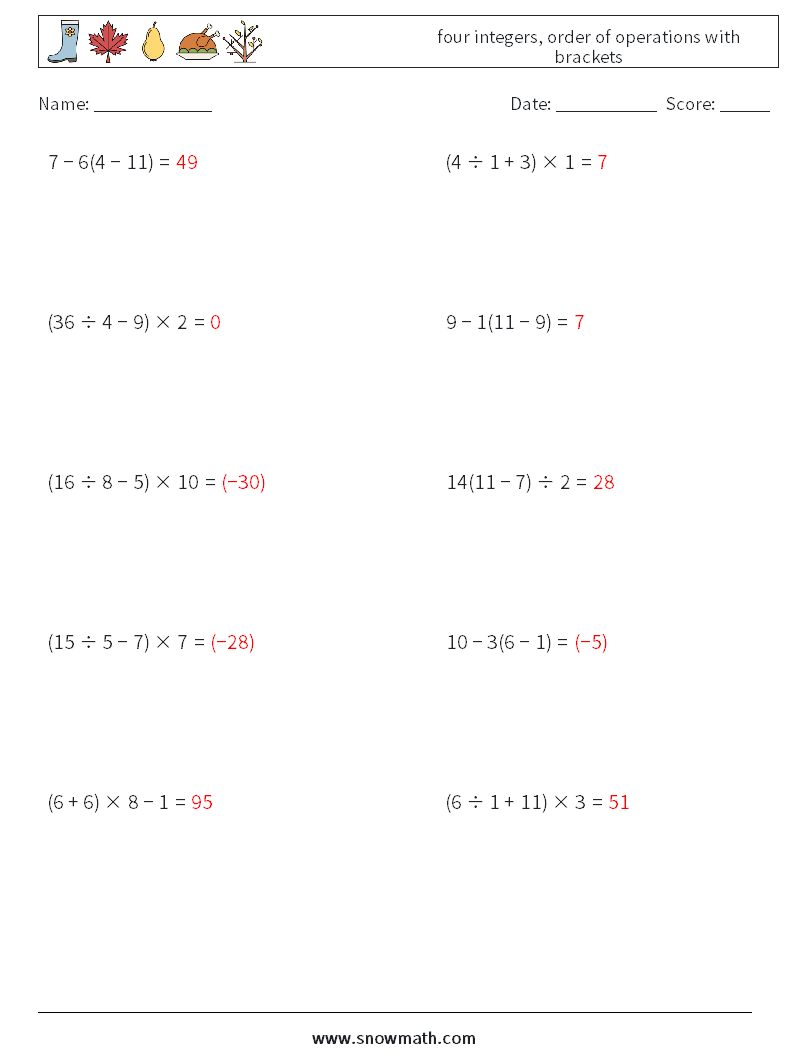 four integers, order of operations with brackets Math Worksheets 11 Question, Answer