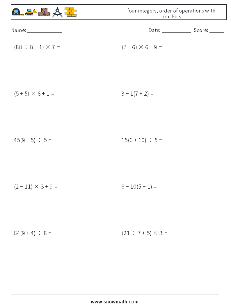 four integers, order of operations with brackets Math Worksheets 12