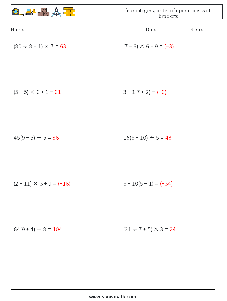 four integers, order of operations with brackets Math Worksheets 12 Question, Answer
