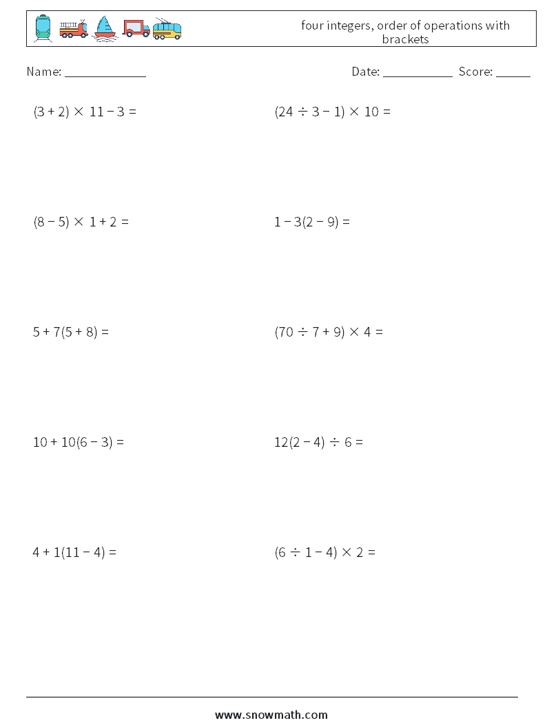 four integers, order of operations with brackets Math Worksheets 13