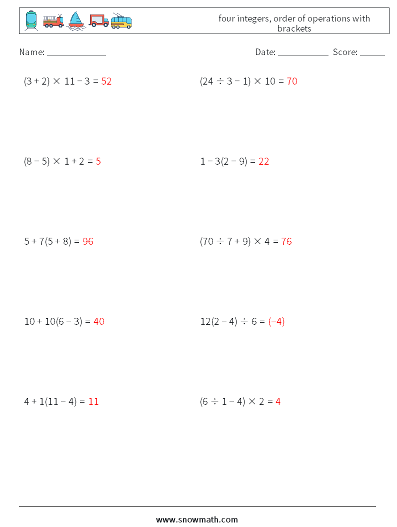 four integers, order of operations with brackets Math Worksheets 13 Question, Answer