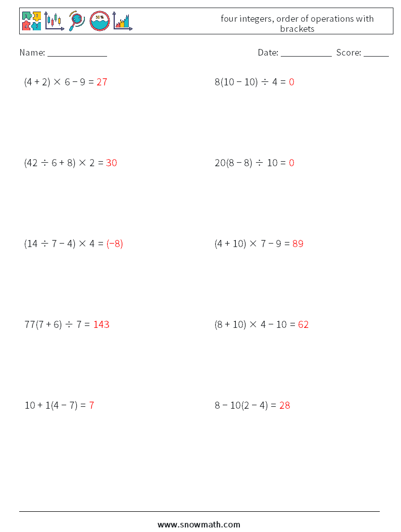 four integers, order of operations with brackets Math Worksheets 14 Question, Answer