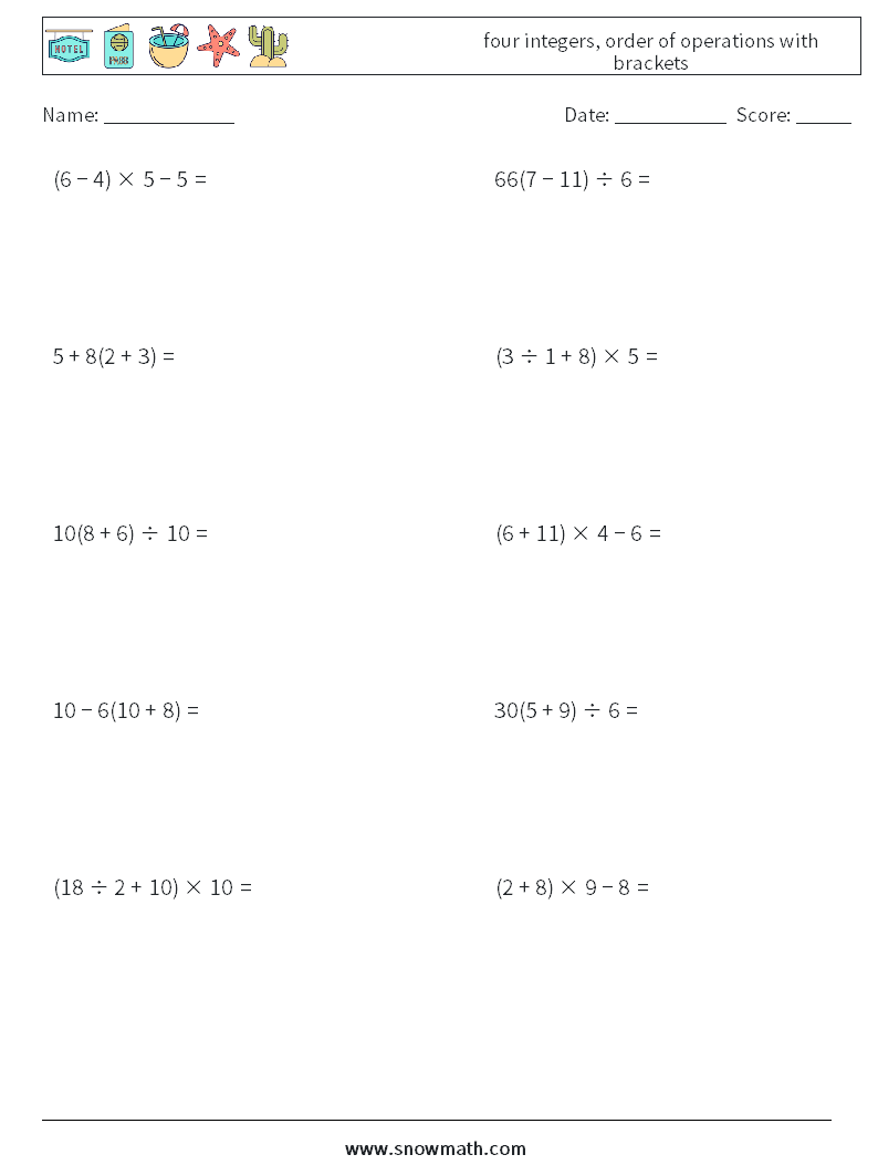 four integers, order of operations with brackets Math Worksheets 15