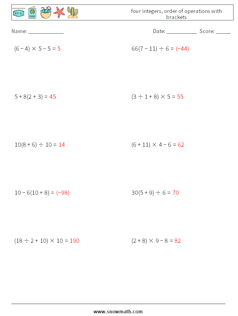 four integers, order of operations with brackets Math Worksheets 15 Question, Answer