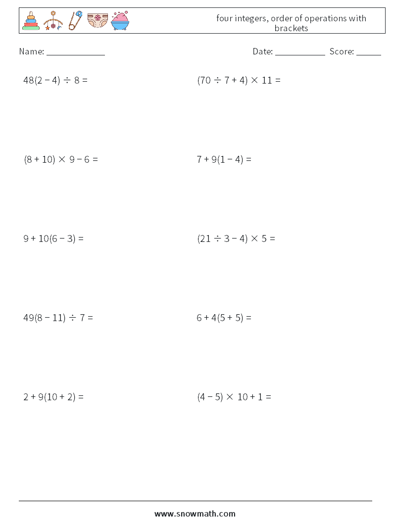 four integers, order of operations with brackets Math Worksheets 16