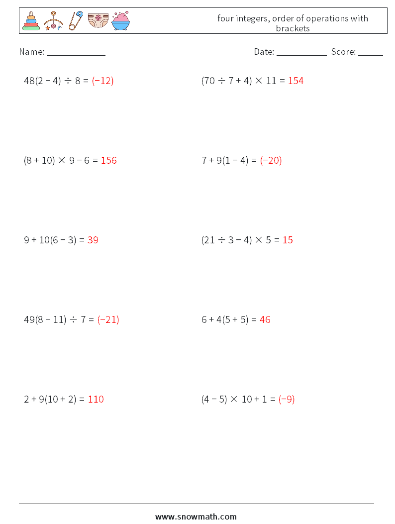 four integers, order of operations with brackets Math Worksheets 16 Question, Answer