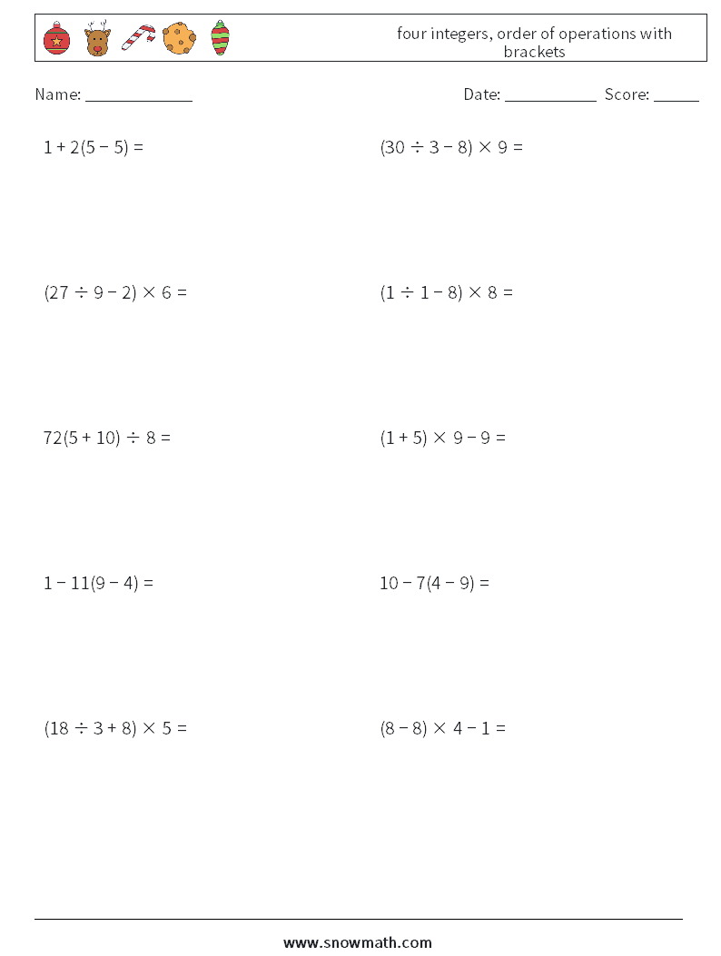 four integers, order of operations with brackets Math Worksheets 17