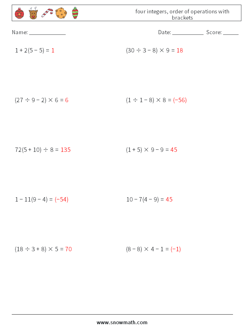 four integers, order of operations with brackets Math Worksheets 17 Question, Answer