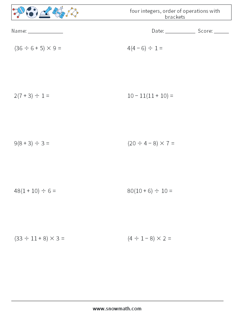 four integers, order of operations with brackets Math Worksheets 18