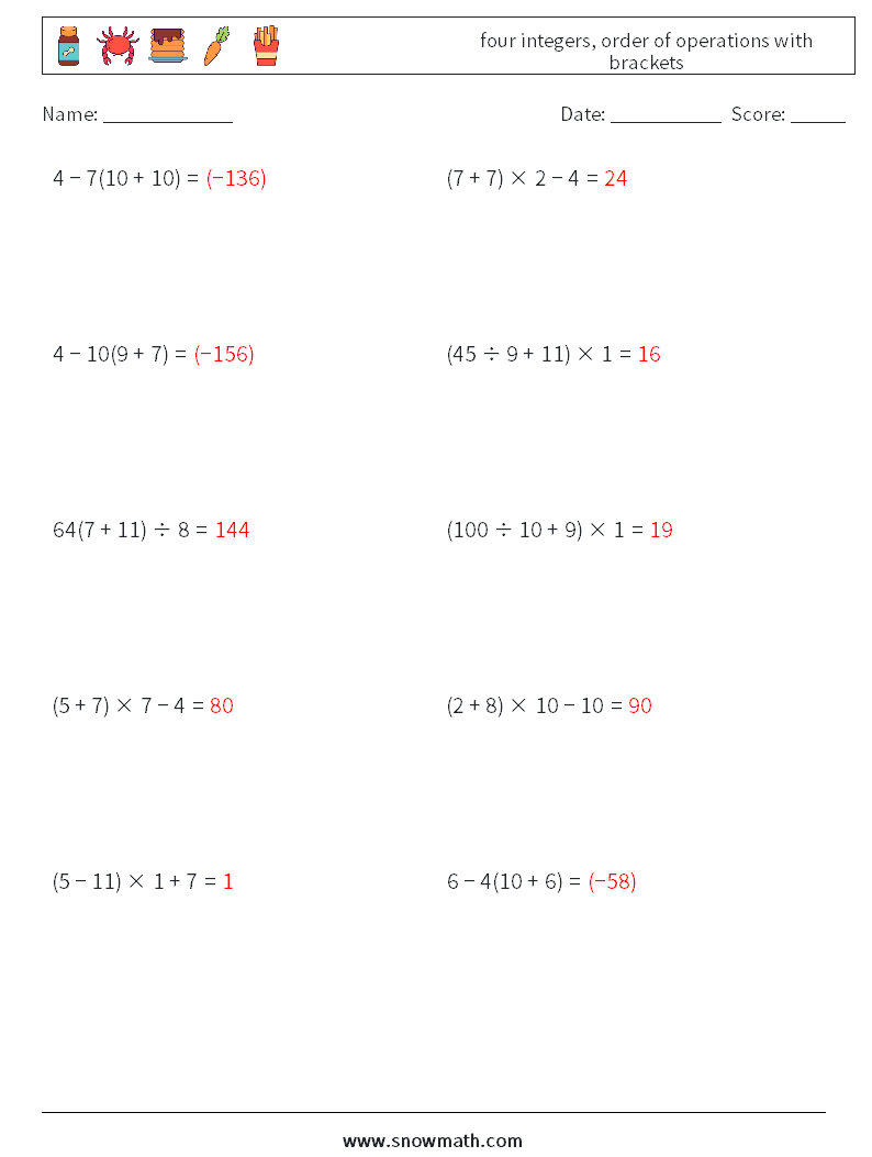 four integers, order of operations with brackets Math Worksheets 1 Question, Answer