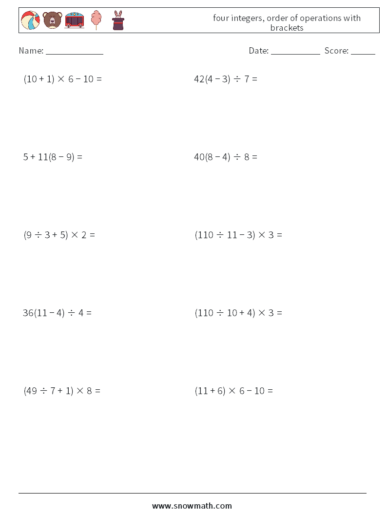 four integers, order of operations with brackets Math Worksheets 2
