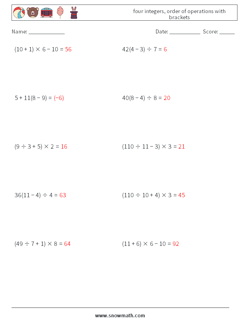 four integers, order of operations with brackets Math Worksheets 2 Question, Answer