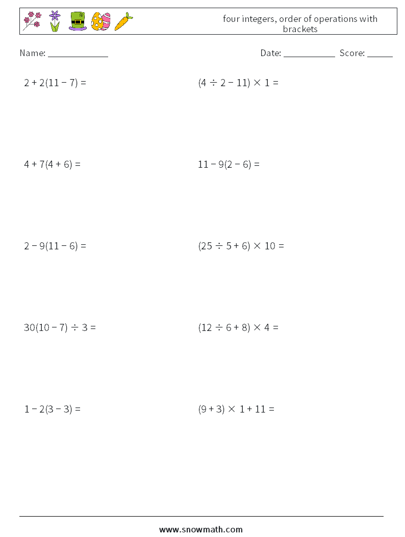 four integers, order of operations with brackets Math Worksheets 3