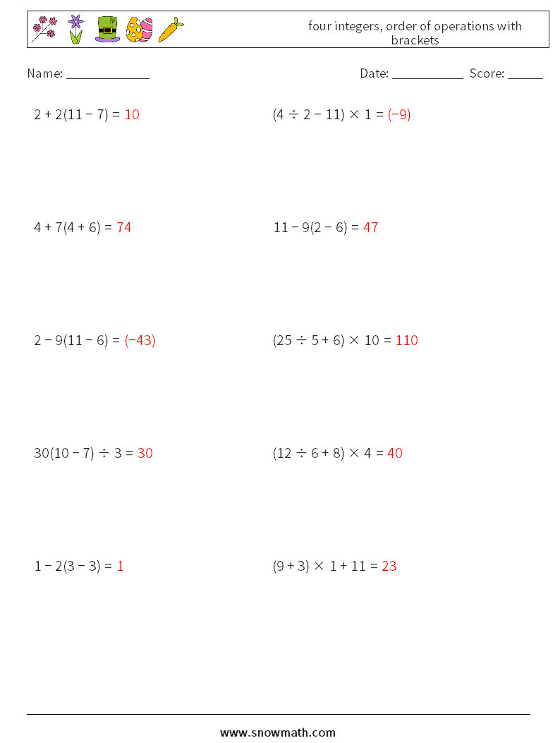 four integers, order of operations with brackets Math Worksheets 3 Question, Answer