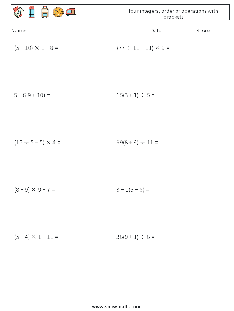 four integers, order of operations with brackets Math Worksheets 5
