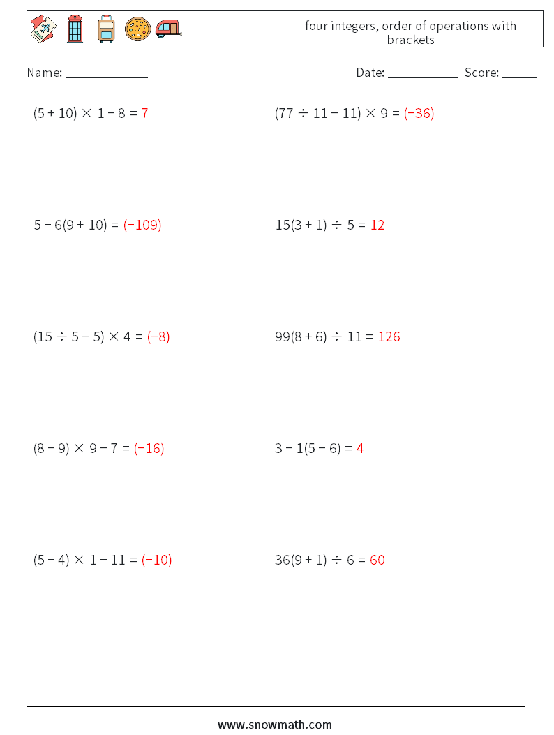 four integers, order of operations with brackets Math Worksheets 5 Question, Answer