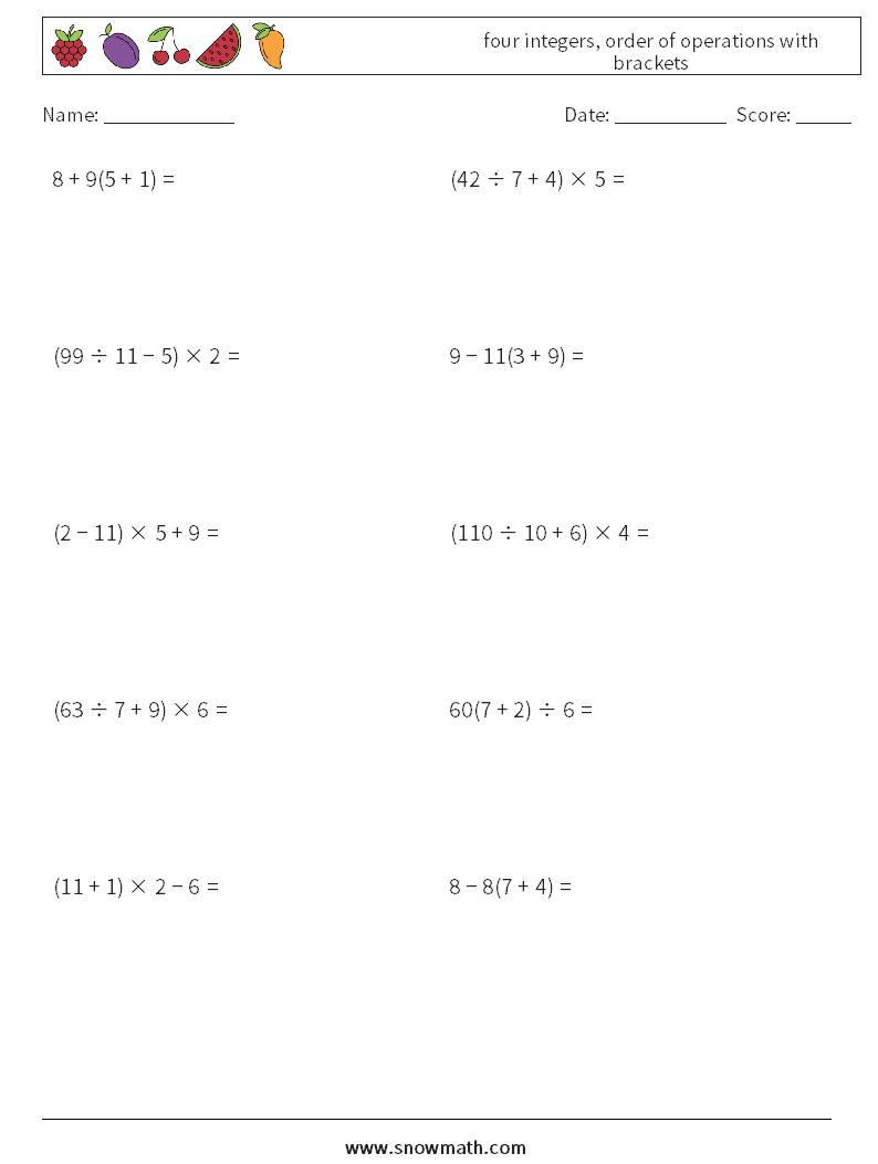 four integers, order of operations with brackets Math Worksheets 6