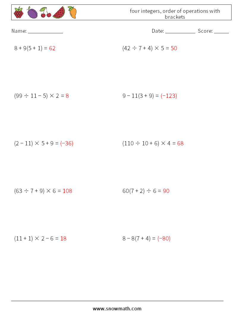 four integers, order of operations with brackets Math Worksheets 6 Question, Answer