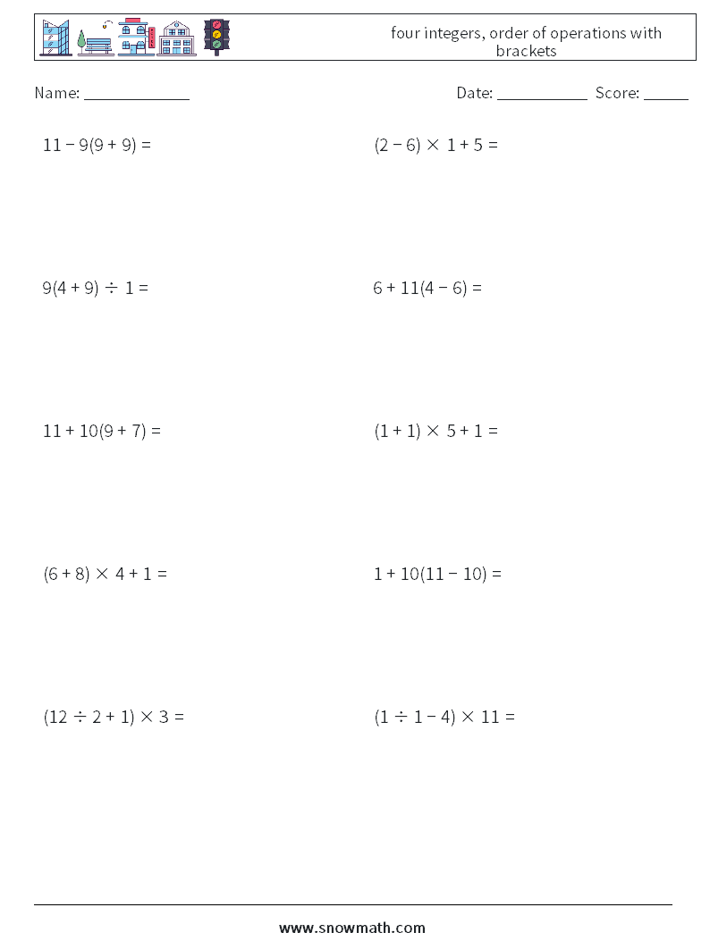 four integers, order of operations with brackets Math Worksheets 7