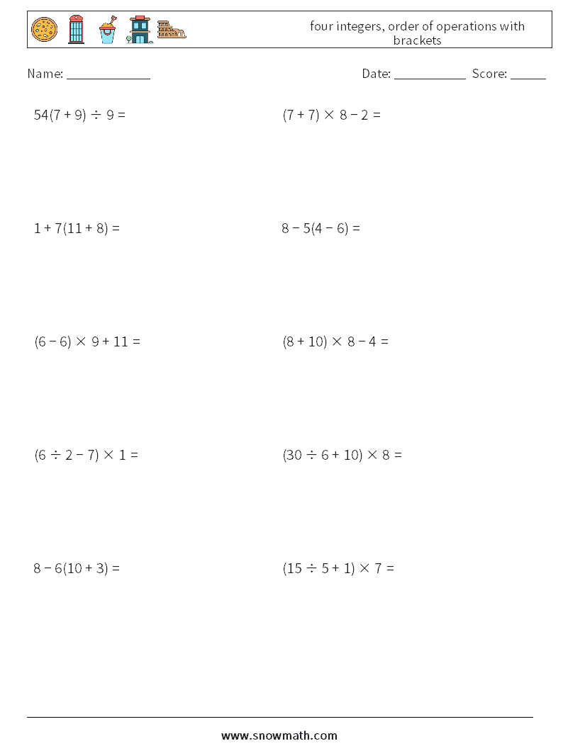 four integers, order of operations with brackets Math Worksheets 8