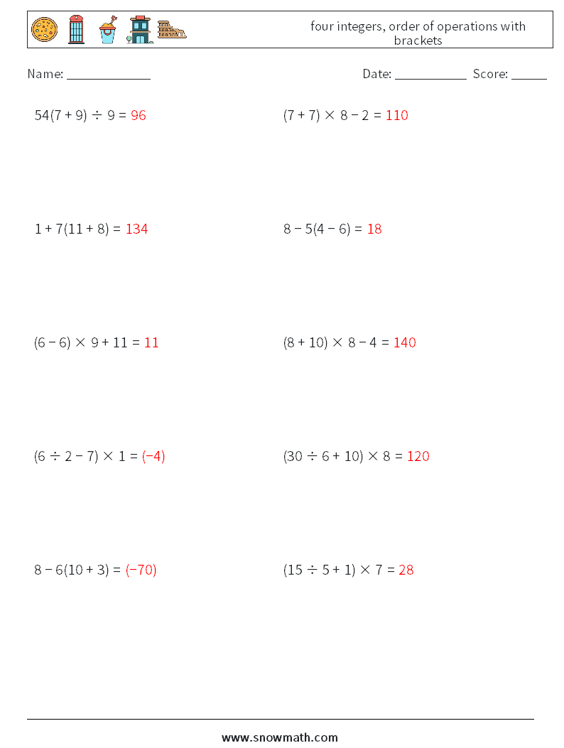 four integers, order of operations with brackets Math Worksheets 8 Question, Answer