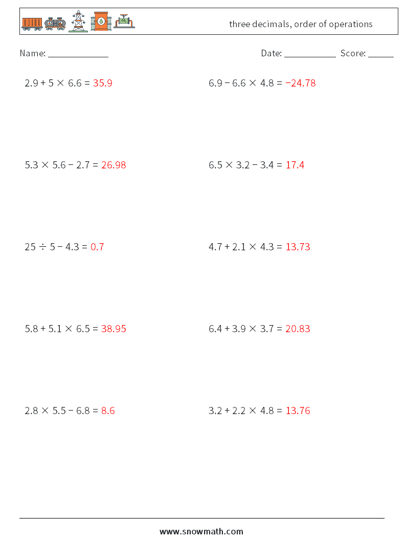 three decimals, order of operations Math Worksheets 12 Question, Answer