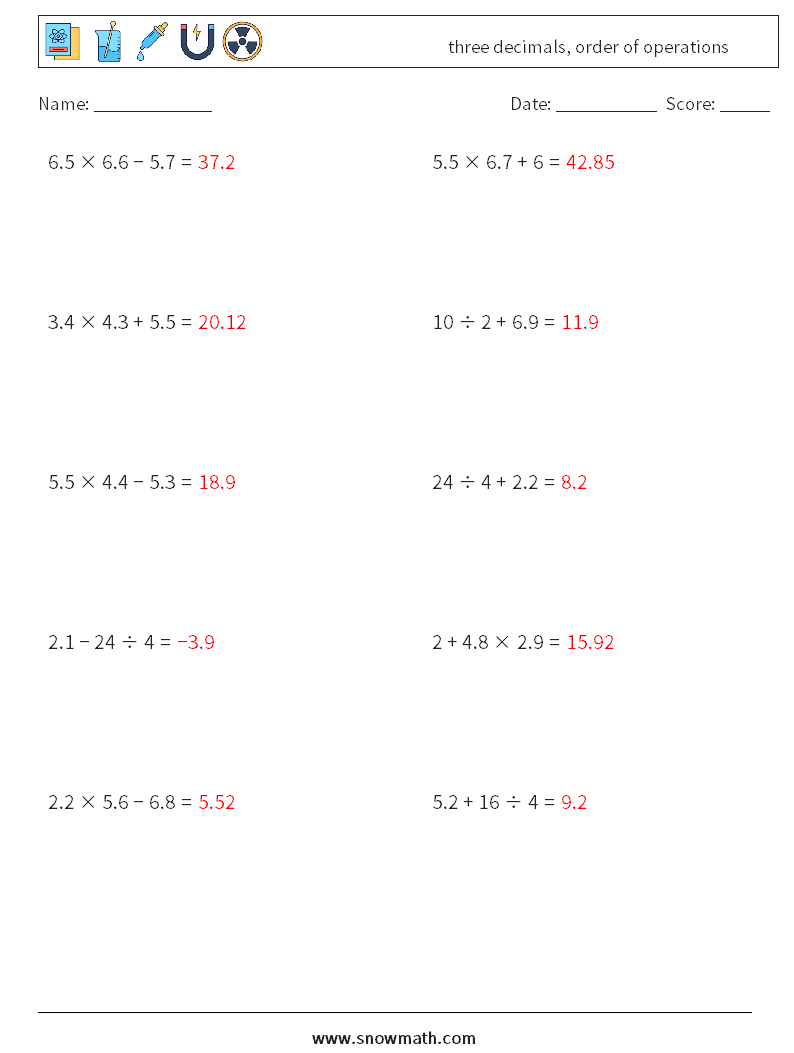 three decimals, order of operations Math Worksheets 15 Question, Answer