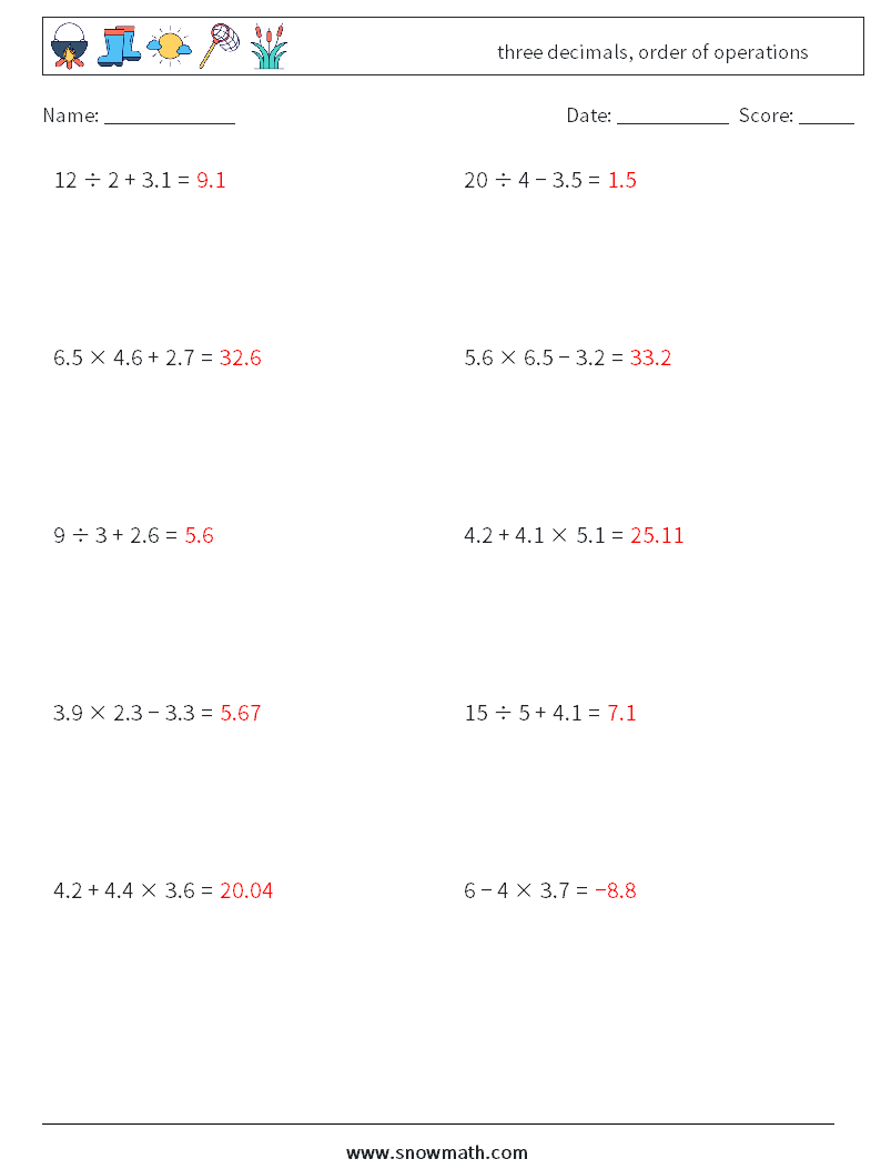 three decimals, order of operations Math Worksheets 18 Question, Answer
