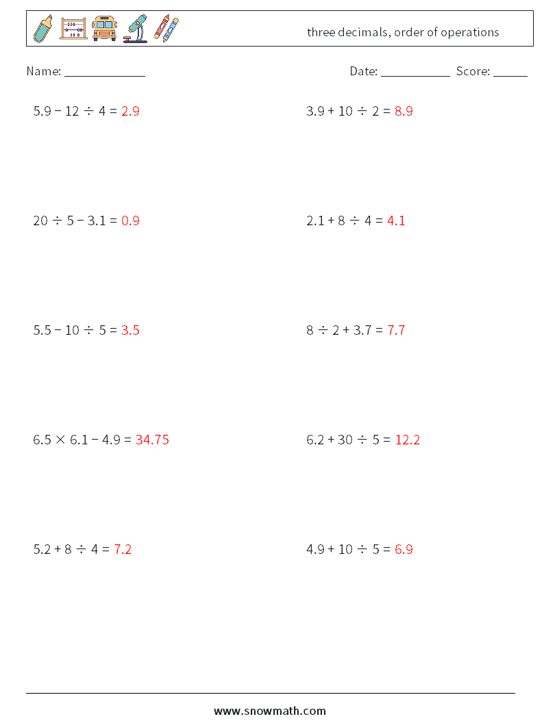 three decimals, order of operations Math Worksheets 1 Question, Answer