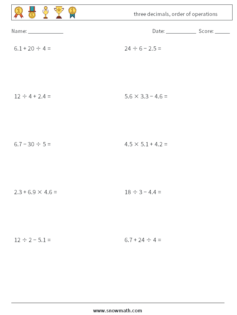 three decimals, order of operations Math Worksheets 2
