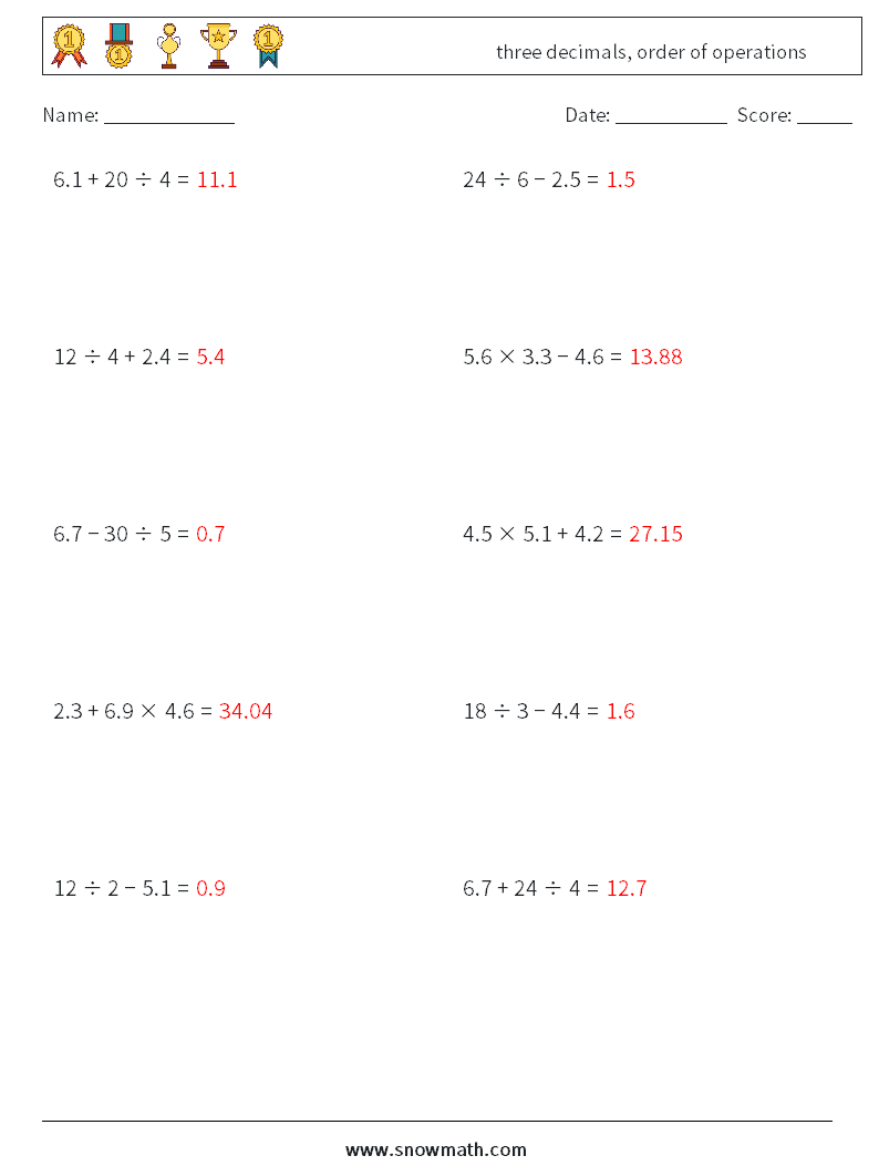 three decimals, order of operations Math Worksheets 2 Question, Answer