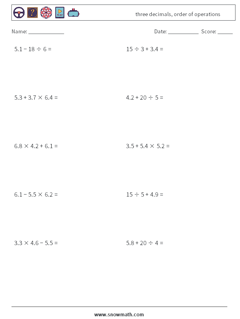 three decimals, order of operations Math Worksheets 3
