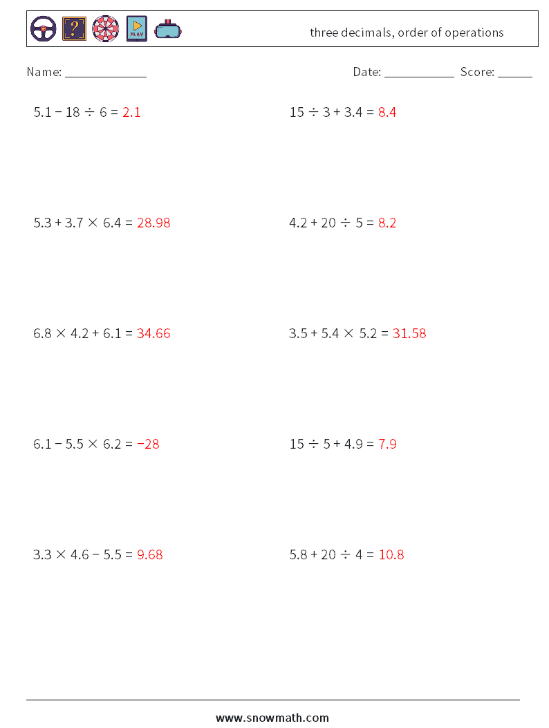 three decimals, order of operations Math Worksheets 3 Question, Answer