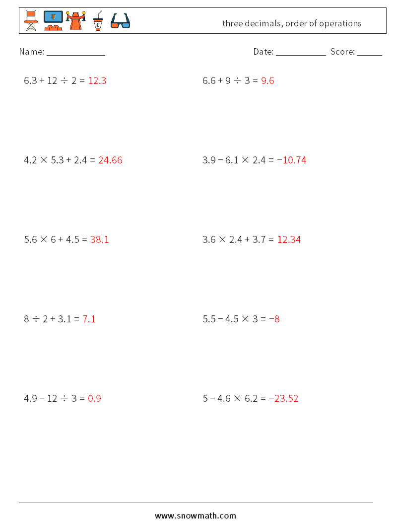 three decimals, order of operations Math Worksheets 5 Question, Answer