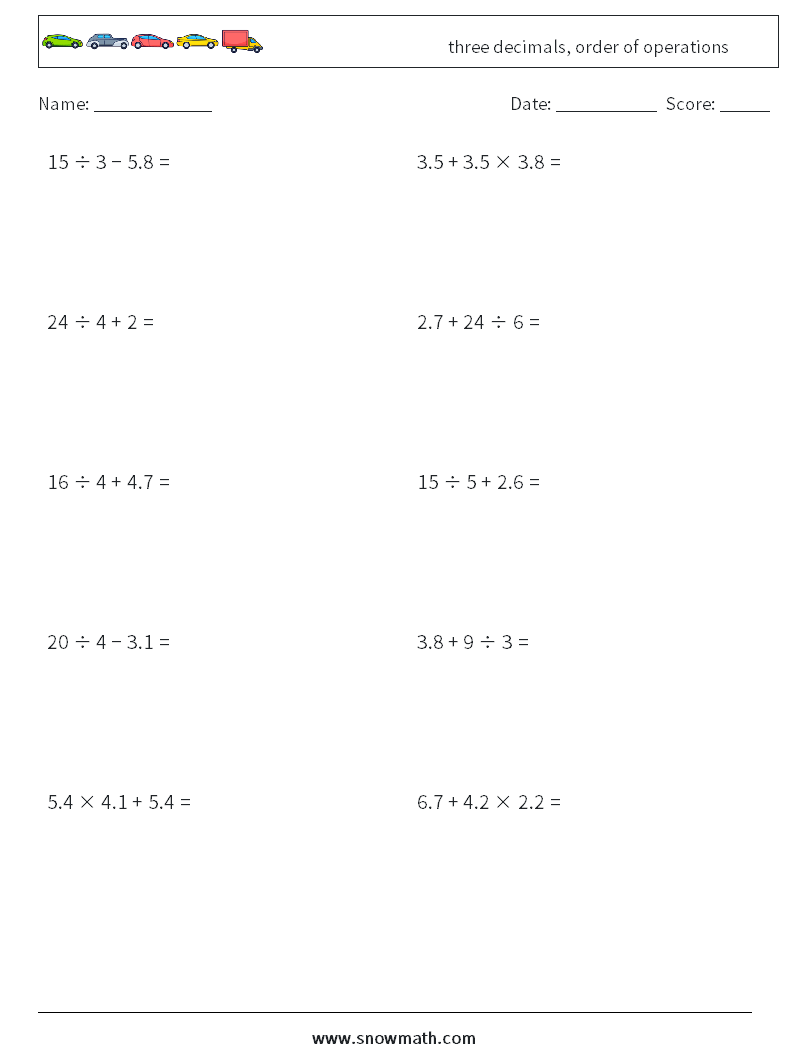 three decimals, order of operations Math Worksheets 7