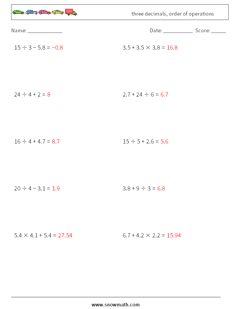 three decimals, order of operations Math Worksheets 7 Question, Answer