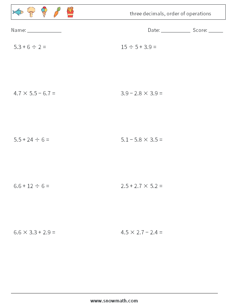 three decimals, order of operations Math Worksheets 8