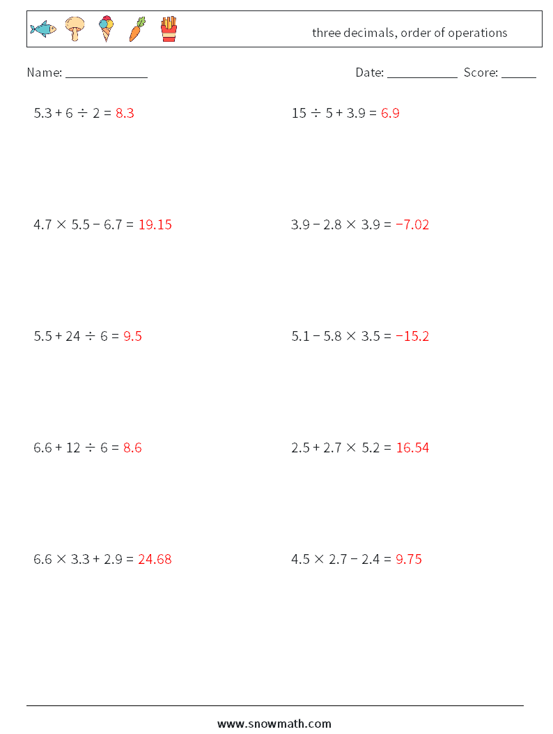 three decimals, order of operations Math Worksheets 8 Question, Answer