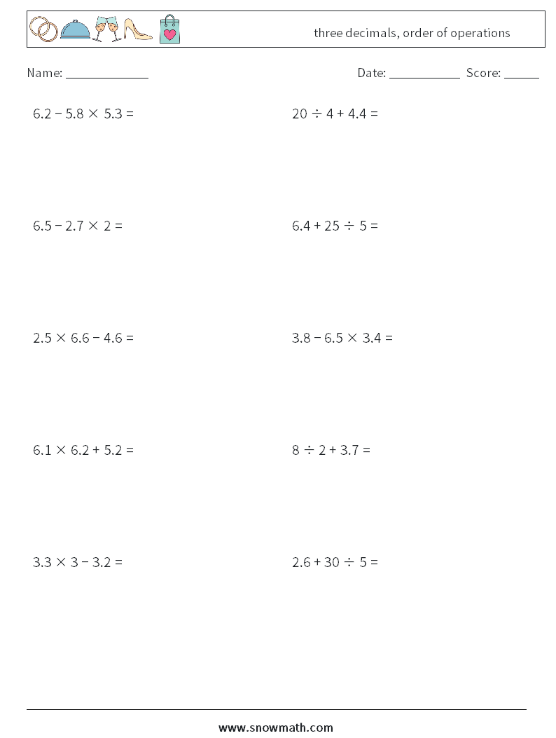 three decimals, order of operations Math Worksheets 9