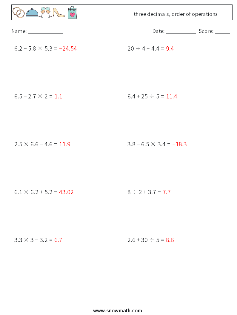 three decimals, order of operations Math Worksheets 9 Question, Answer