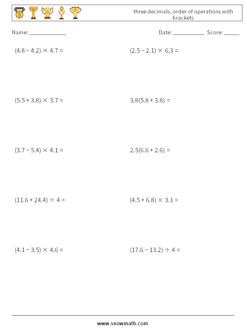 three decimals, order of operations with brackets Math Worksheets 1