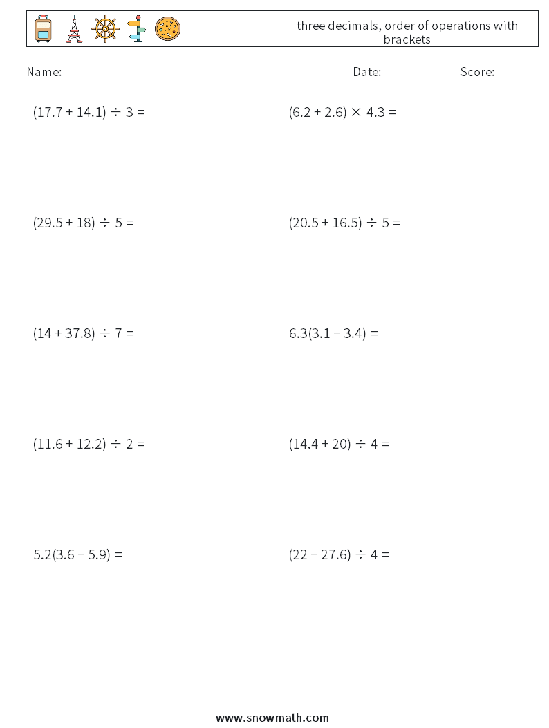 three decimals, order of operations with brackets Math Worksheets 10